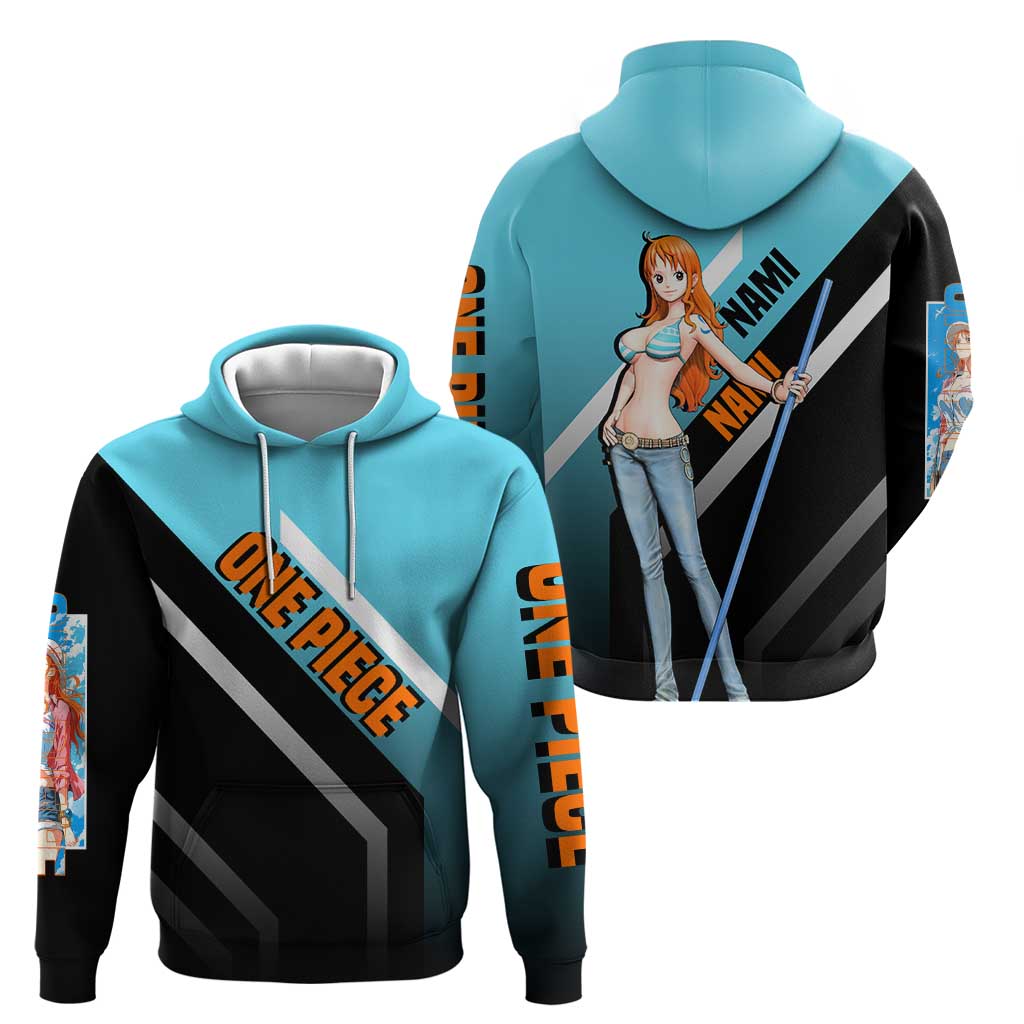 Nami One Piece Zip Hoodie with Weather Staff and Confident Adventure Pose Design - The Mazicc
