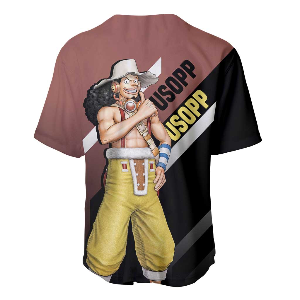 Usopp One Piece Baseball Jersey with Slingshot and Courageous Adventure Pose Design - The Mazicc