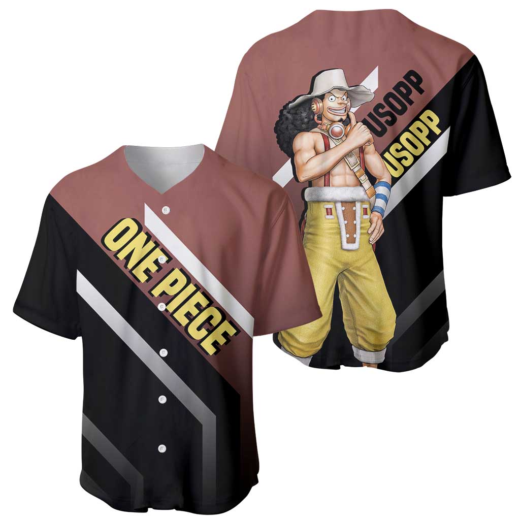 Usopp One Piece Baseball Jersey with Slingshot and Courageous Adventure Pose Design - The Mazicc