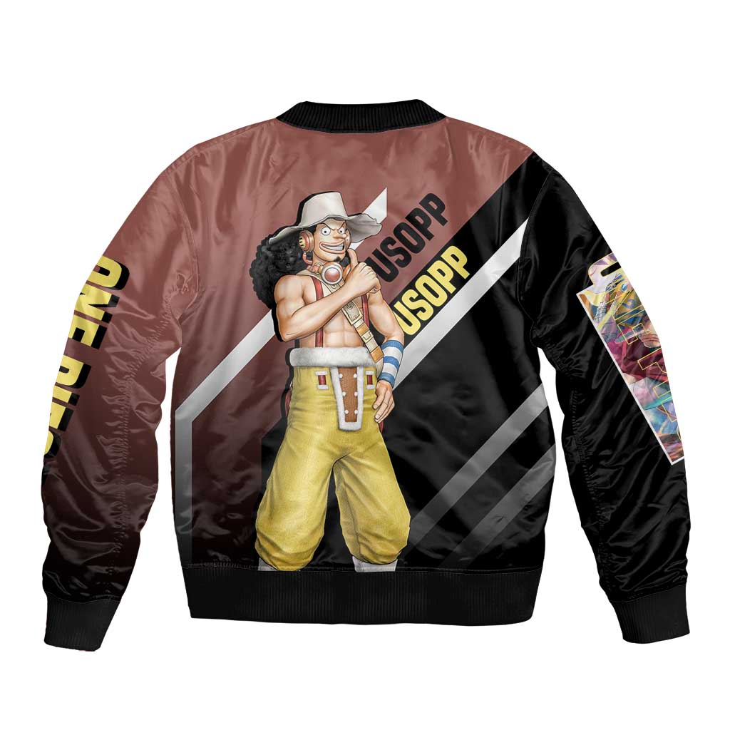 Usopp One Piece Bomber Jacket with Slingshot and Courageous Adventure Pose Design - The Mazicc