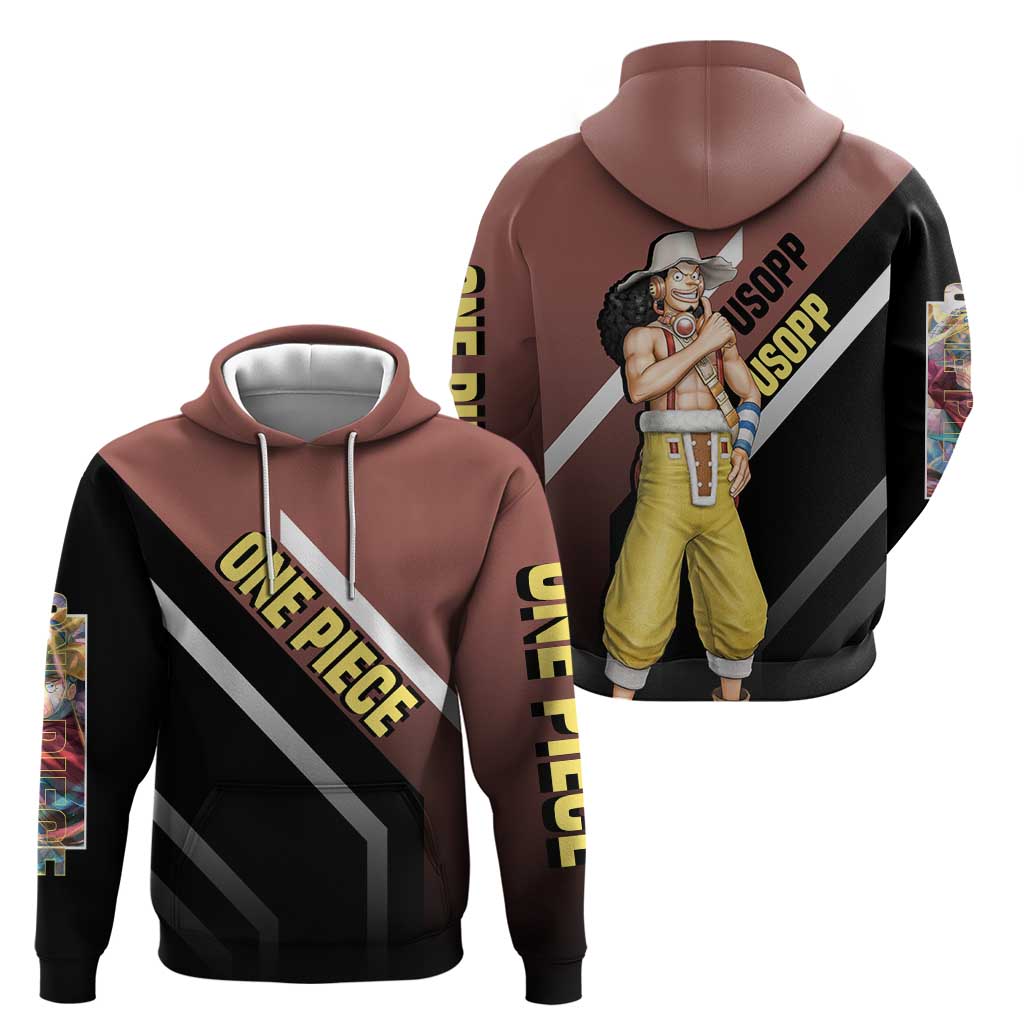 Usopp One Piece Hoodie with Slingshot and Courageous Adventure Pose Design - The Mazicc