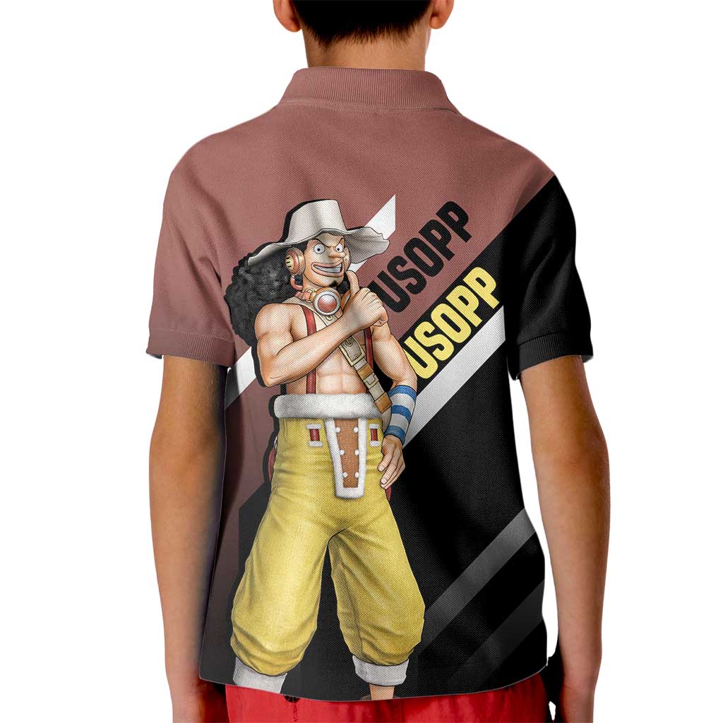 Usopp One Piece Kid Polo Shirt with Slingshot and Courageous Adventure Pose Design - The Mazicc