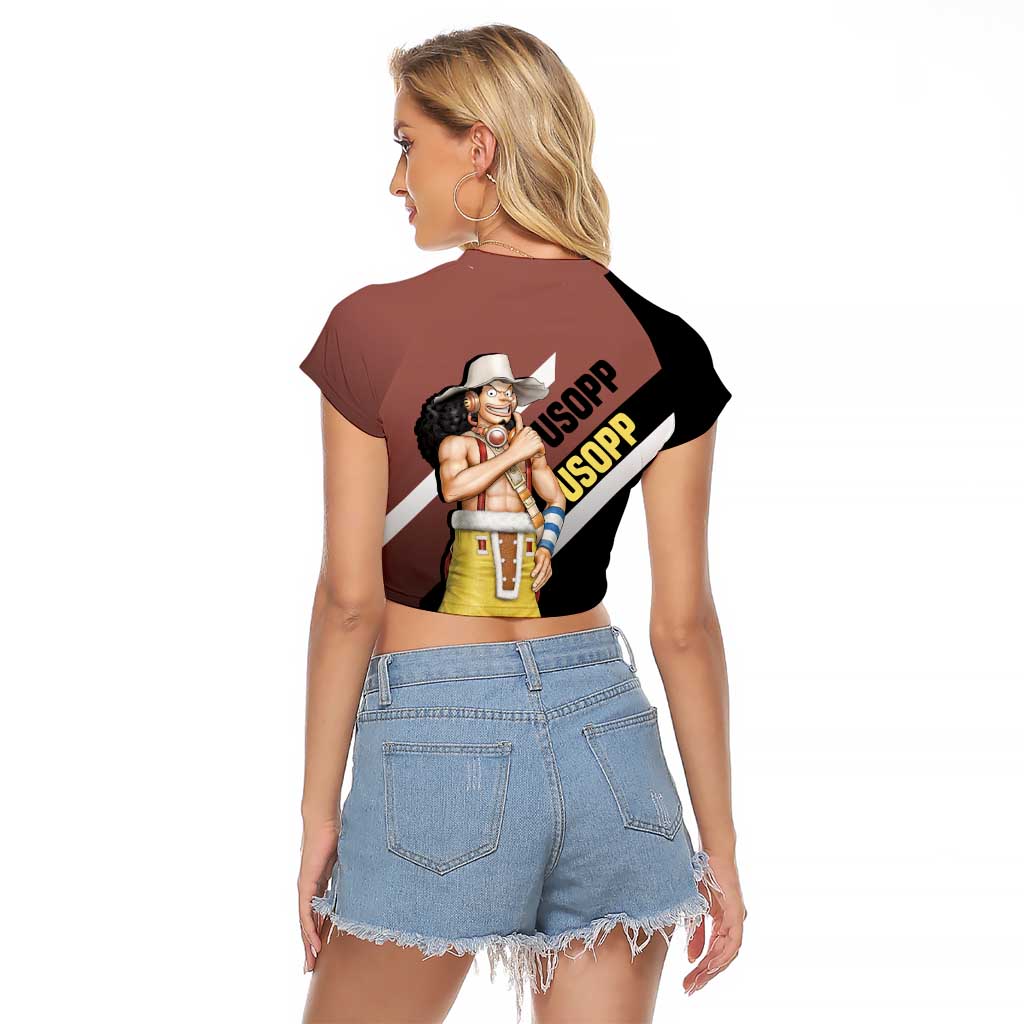 Usopp One Piece Raglan Cropped T Shirt with Slingshot and Courageous Adventure Pose Design - The Mazicc