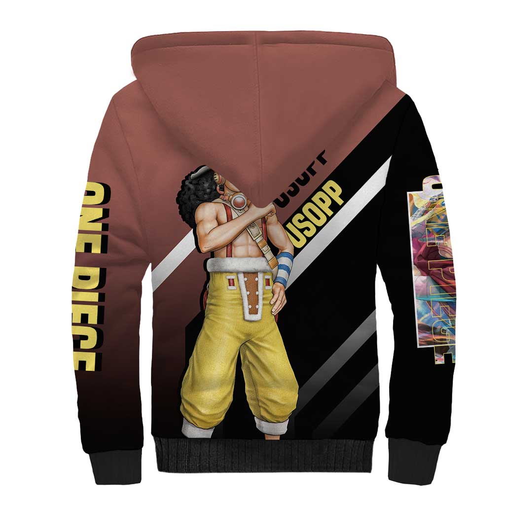 Usopp One Piece Sherpa Hoodie with Slingshot and Courageous Adventure Pose Design - The Mazicc