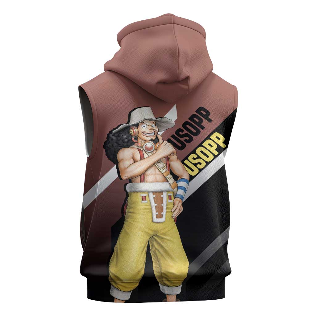 Usopp One Piece Sleeveless Hoodie with Slingshot and Courageous Adventure Pose Design - The Mazicc
