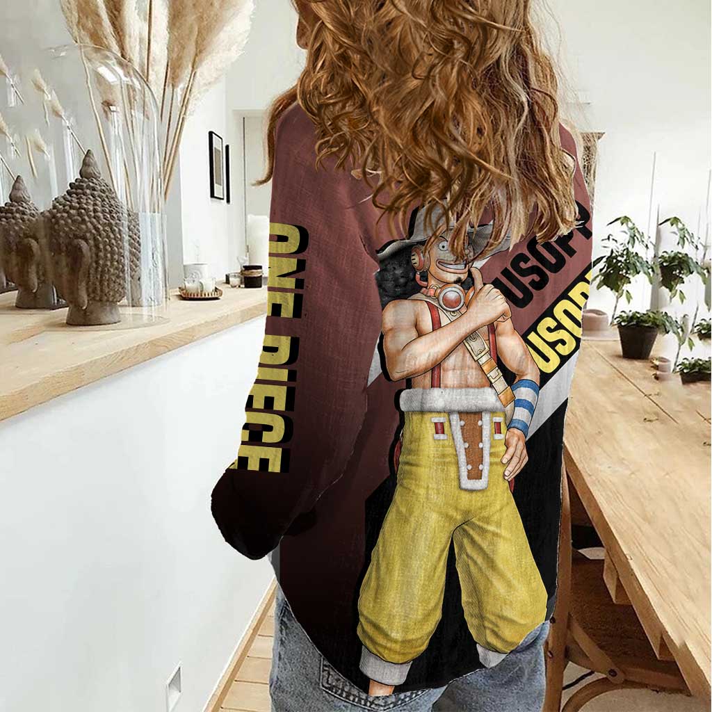 Usopp One Piece Women Casual Shirt with Slingshot and Courageous Adventure Pose Design - The Mazicc