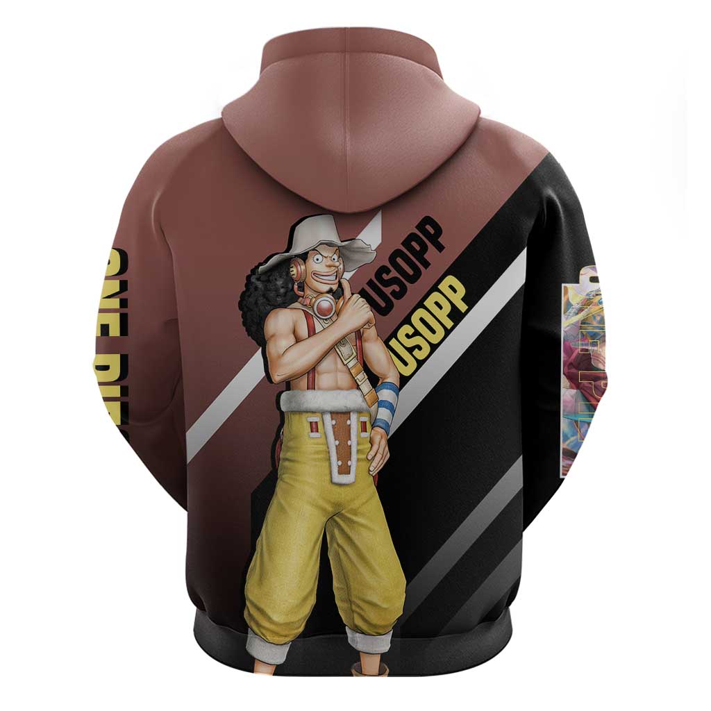 Usopp One Piece Zip Hoodie with Slingshot and Courageous Adventure Pose Design - The Mazicc