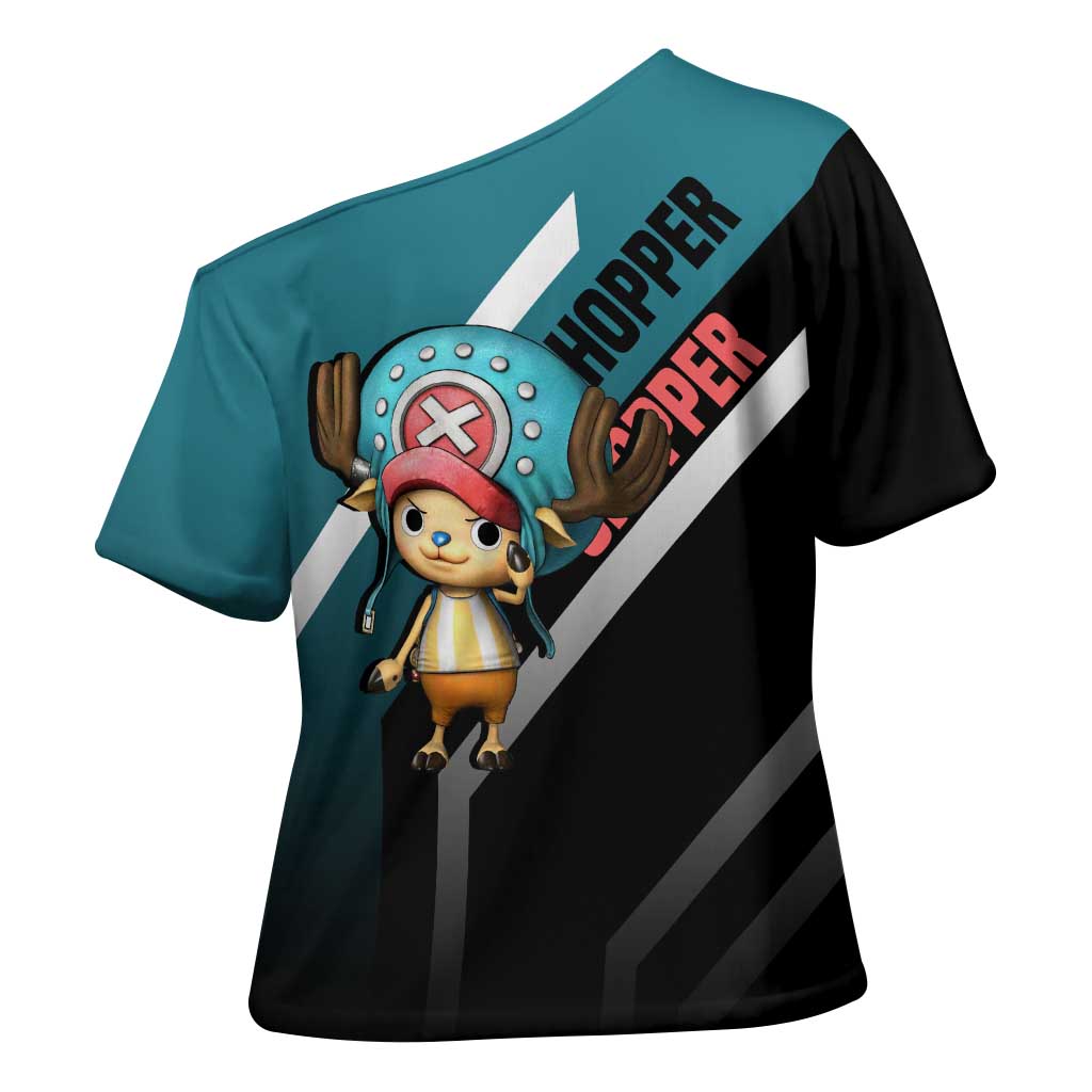 Tony Tony Chopper One Piece Cross Shoulder Shirt with Cute Reindeer Pose and Medical Gear Design - The Mazicc