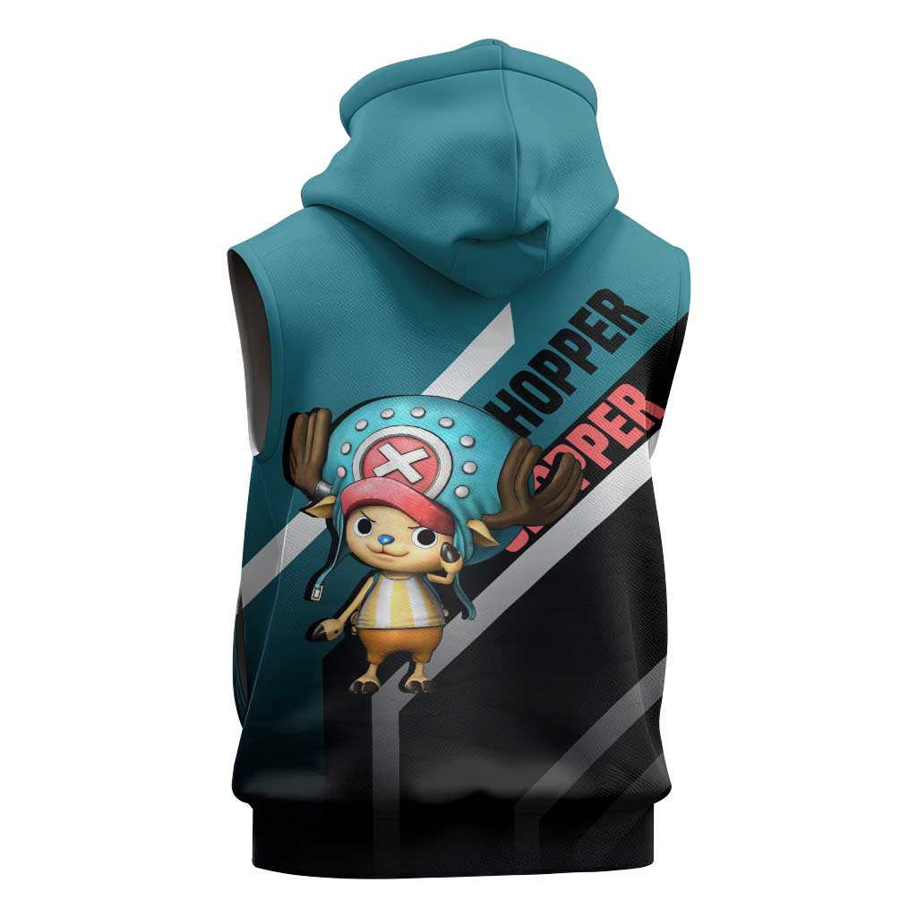 Tony Tony Chopper One Piece Sleeveless Zip Hoodie with Cute Reindeer Pose and Medical Gear Design - The Mazicc