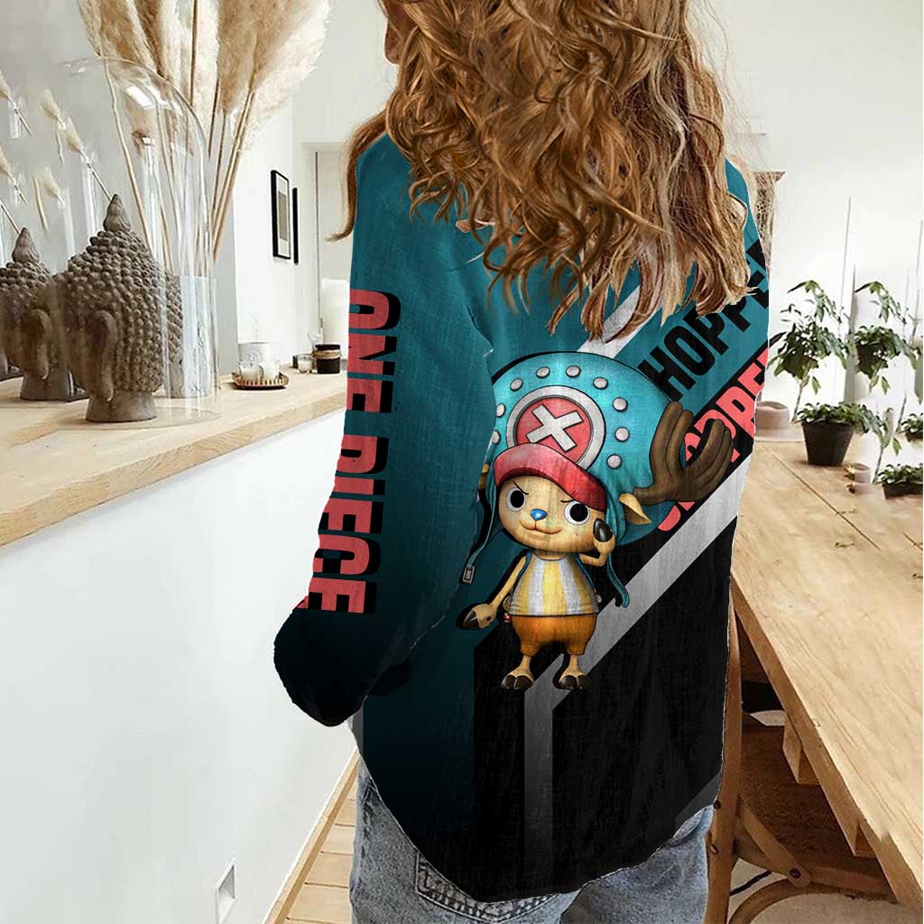 Tony Tony Chopper One Piece Women Casual Shirt with Cute Reindeer Pose and Medical Gear Design - The Mazicc