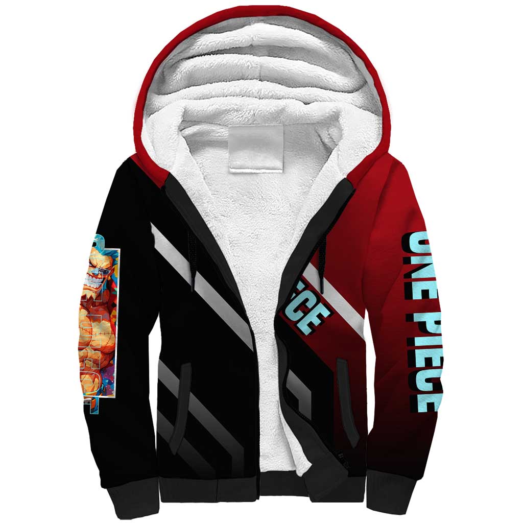 Franky One Piece Sherpa Hoodie with Cyborg Arms and Bold Mechanical Design - The Mazicc