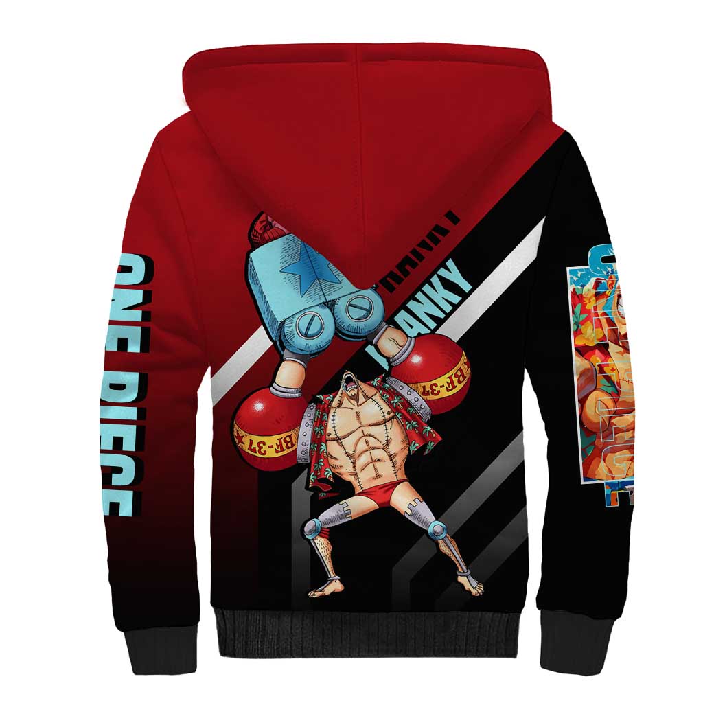 Franky One Piece Sherpa Hoodie with Cyborg Arms and Bold Mechanical Design - The Mazicc