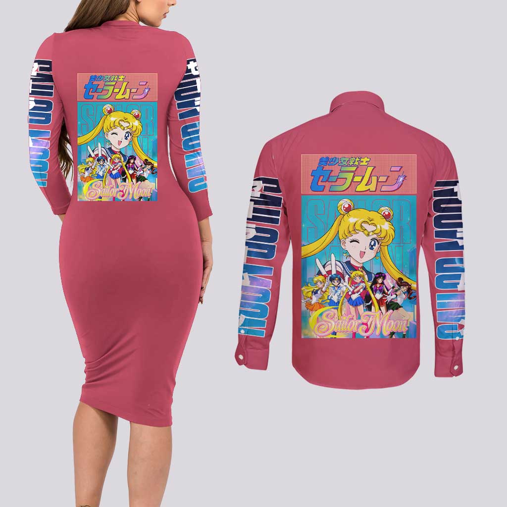 Sailor Scouts Sailor Moon Couples Matching Long Sleeve Bodycon Dress and Long Sleeve Button Shirt Anime Style