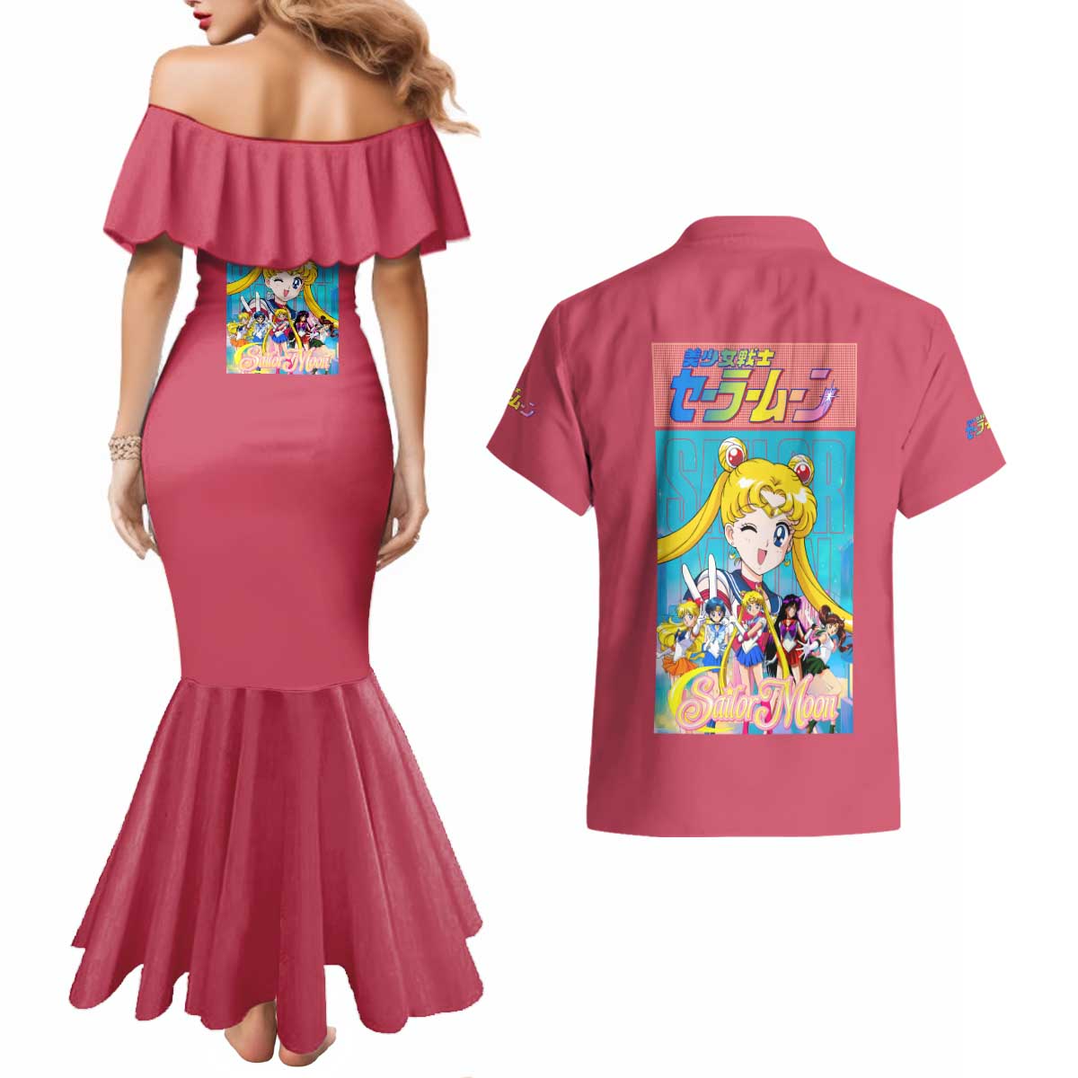 Sailor Scouts Sailor Moon Couples Matching Mermaid Dress and Hawaiian Shirt Anime Style