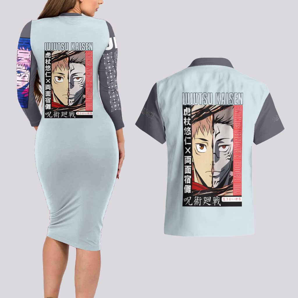Itadori Yuuji x Ryomen Sukuna Jujutsu Kaisen Couples Matching Long Sleeve Bodycon Dress and Hawaiian Shirt Anime Style
