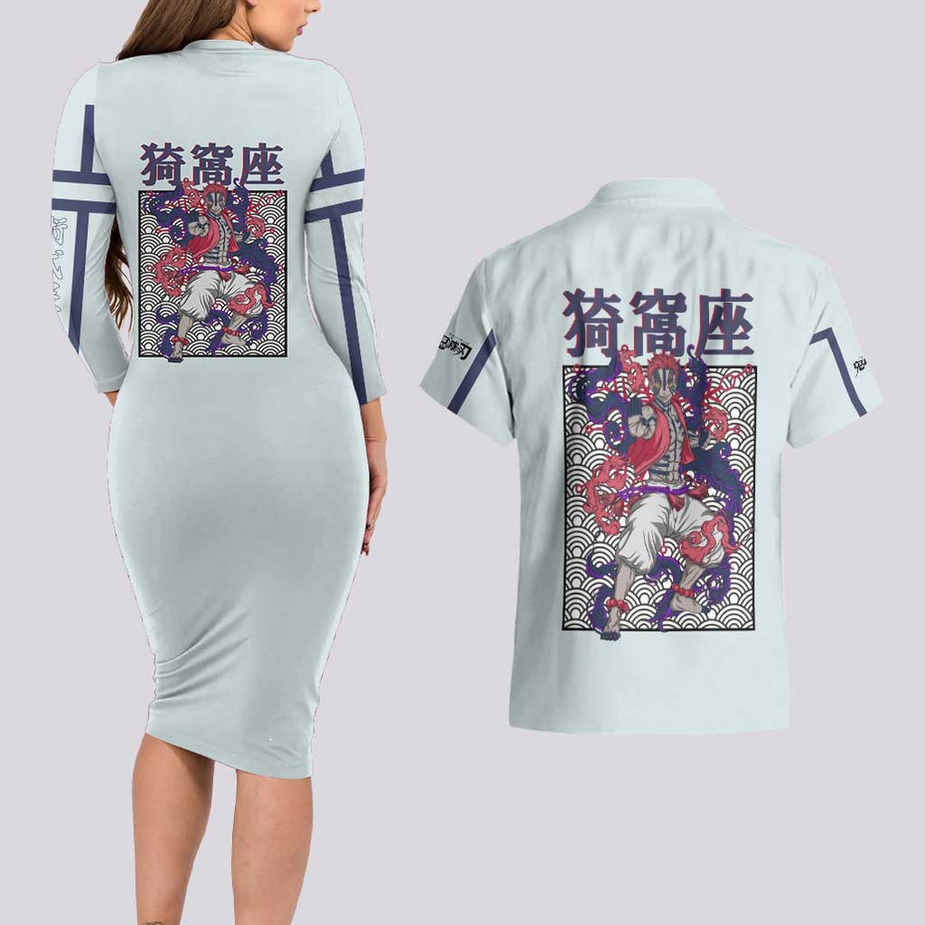 Hakuji - Akaza Demon Slayer Couples Matching Long Sleeve Bodycon Dress and Hawaiian Shirt Anime Style