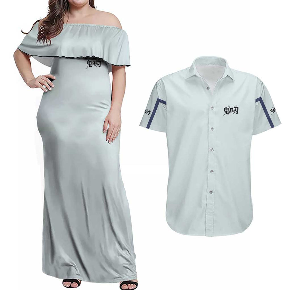 Hakuji - Akaza Demon Slayer Couples Matching Off Shoulder Maxi Dress and Hawaiian Shirt Anime Style