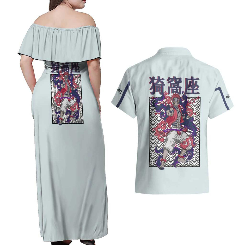 Hakuji - Akaza Demon Slayer Couples Matching Off Shoulder Maxi Dress and Hawaiian Shirt Anime Style