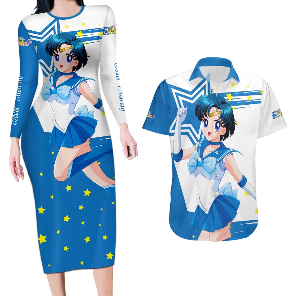 Sailor Mercury - Sailor Moon Couples Matching Long Sleeve Bodycon Dress and Hawaiian Shirt Anime Style