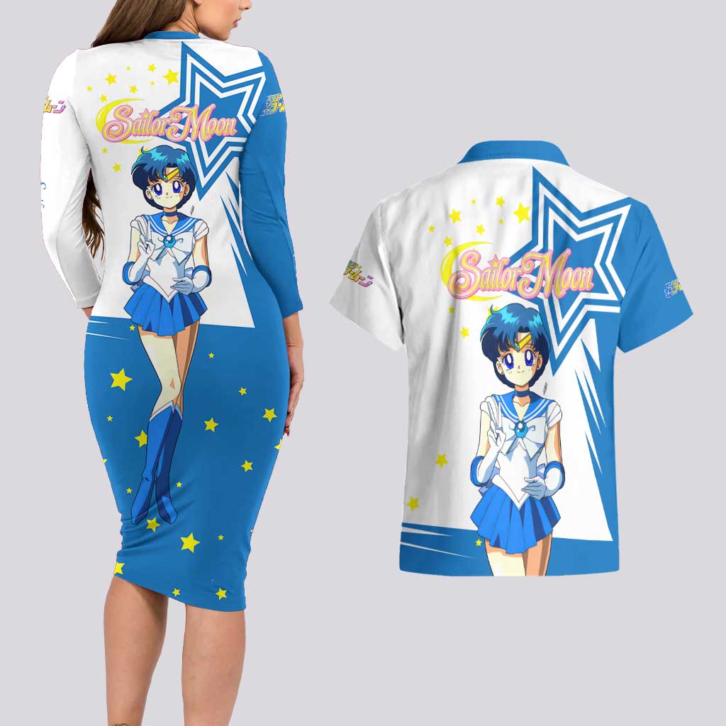 Sailor Mercury - Sailor Moon Couples Matching Long Sleeve Bodycon Dress and Hawaiian Shirt Anime Style