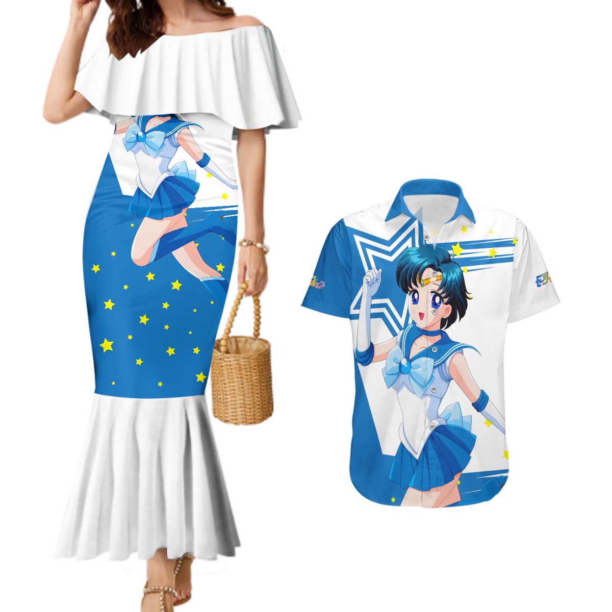 Sailor Mercury - Sailor Moon Couples Matching Mermaid Dress and Hawaiian Shirt Anime Style