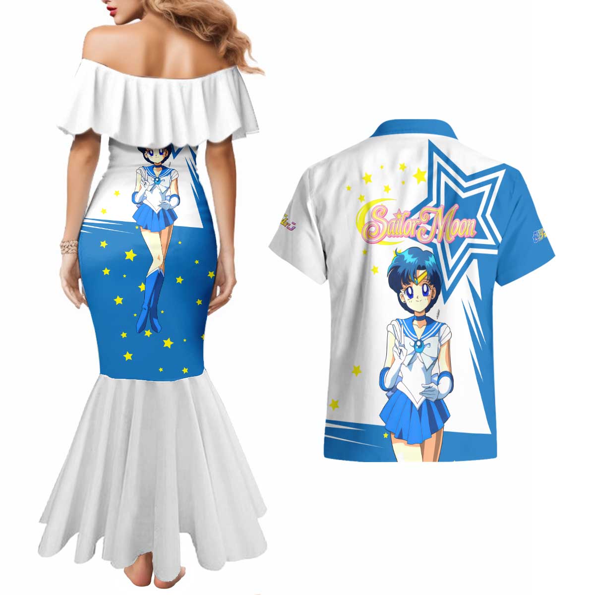 Sailor Mercury - Sailor Moon Couples Matching Mermaid Dress and Hawaiian Shirt Anime Style