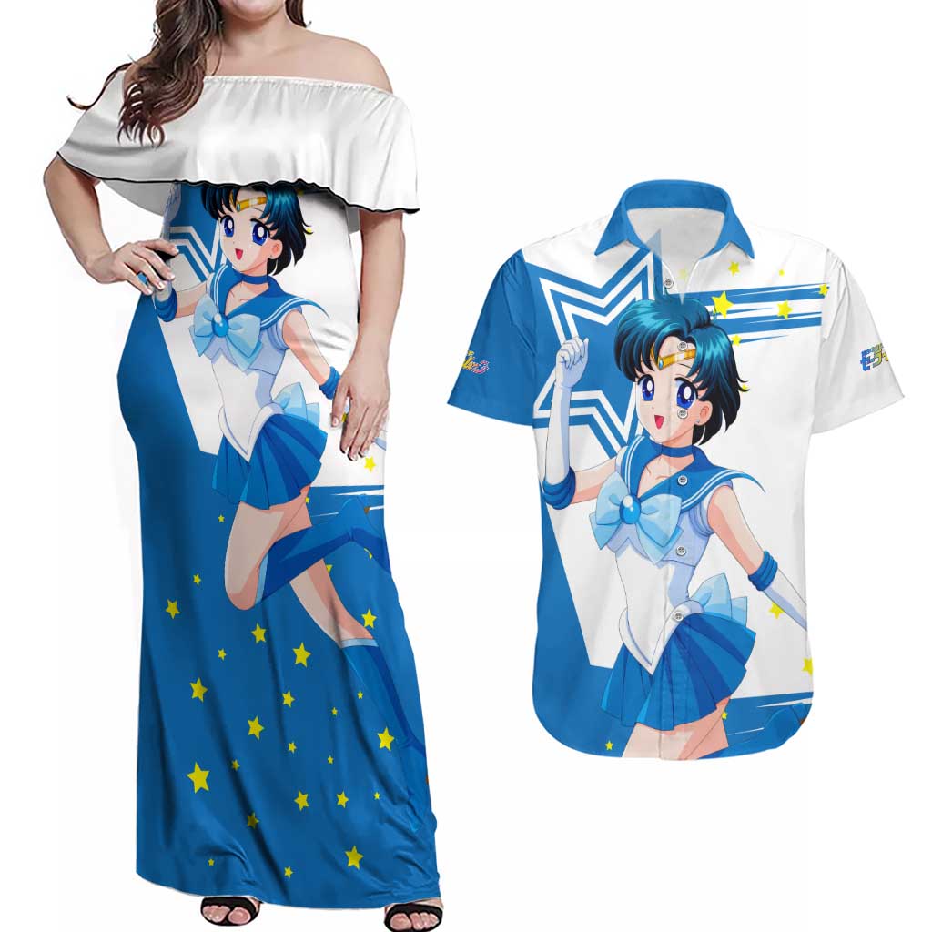 Sailor Mercury - Sailor Moon Couples Matching Off Shoulder Maxi Dress and Hawaiian Shirt Anime Style