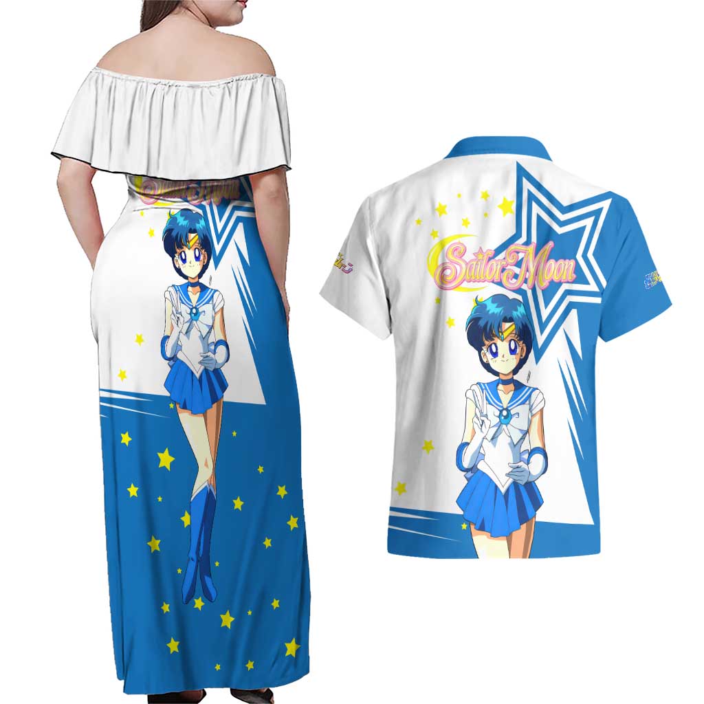 Sailor Mercury - Sailor Moon Couples Matching Off Shoulder Maxi Dress and Hawaiian Shirt Anime Style