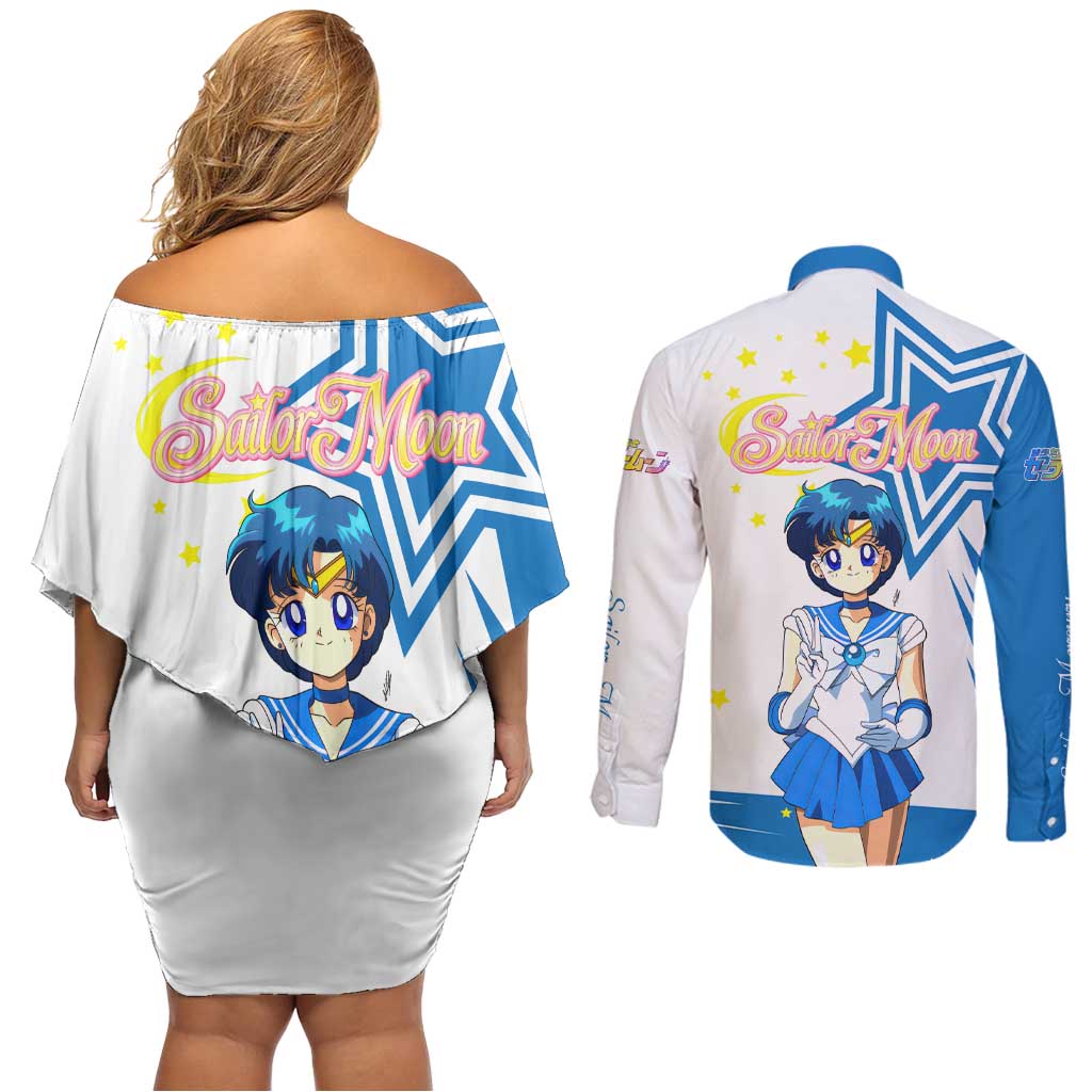 Sailor Mercury - Sailor Moon Couples Matching Off Shoulder Short Dress and Long Sleeve Button Shirt Anime Style