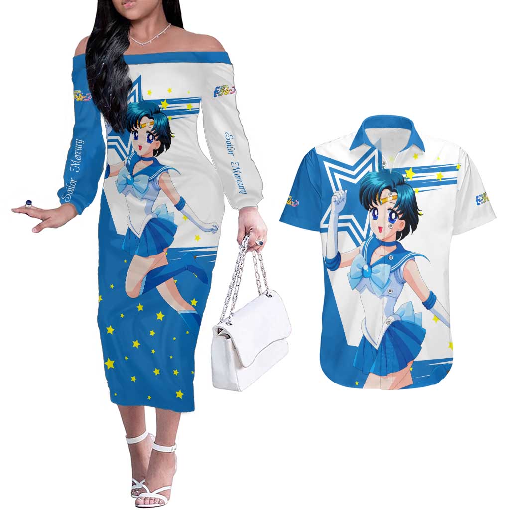 Sailor Mercury - Sailor Moon Couples Matching Off The Shoulder Long Sleeve Dress and Hawaiian Shirt Anime Style