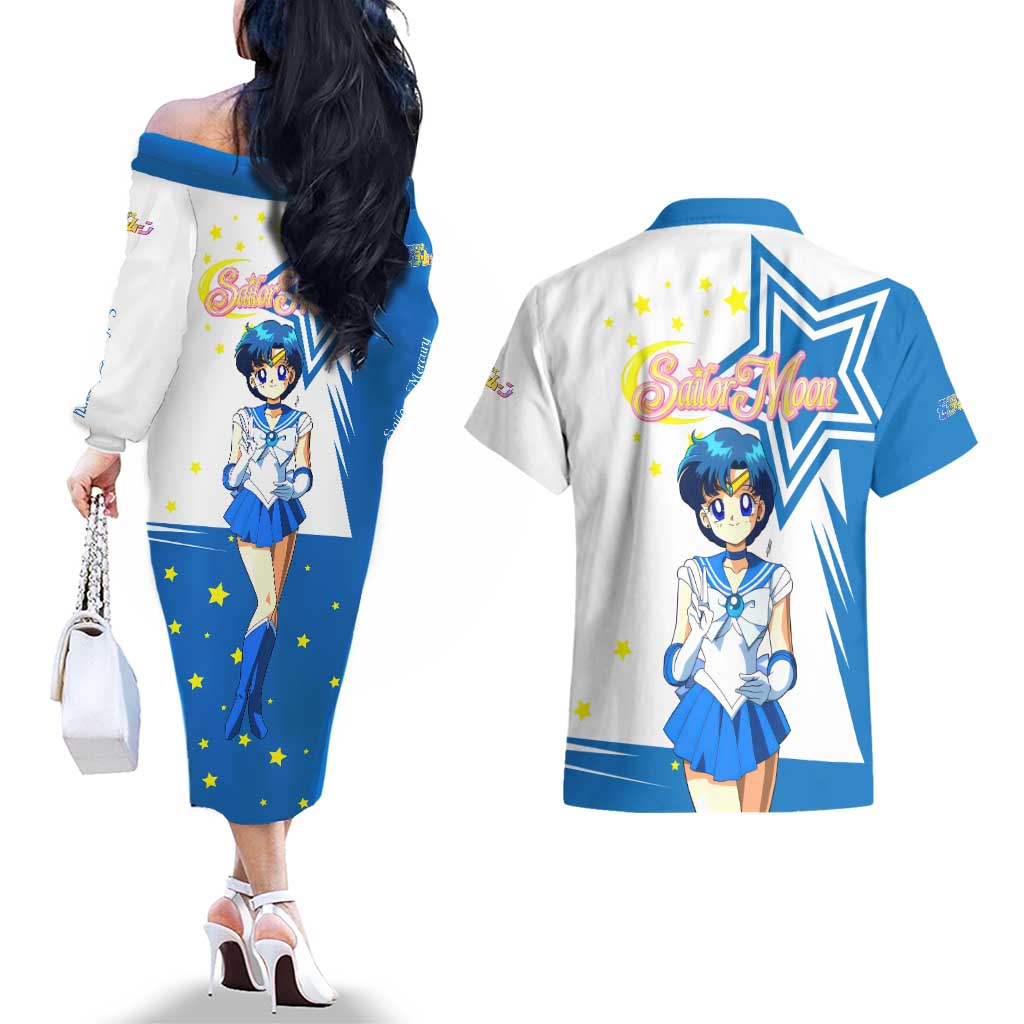 Sailor Mercury - Sailor Moon Couples Matching Off The Shoulder Long Sleeve Dress and Hawaiian Shirt Anime Style