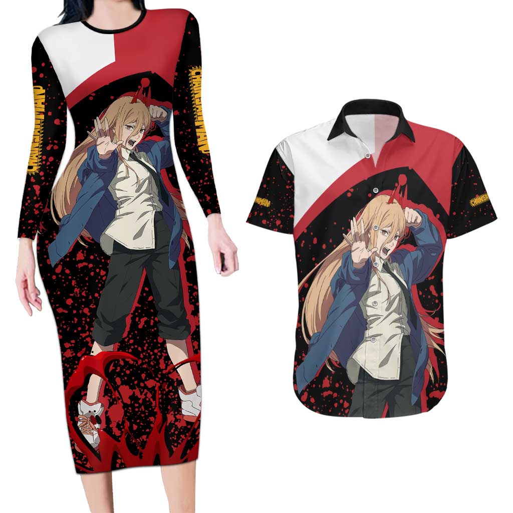 Power - Chainsaw Man Couples Matching Long Sleeve Bodycon Dress and Hawaiian Shirt Anime Style