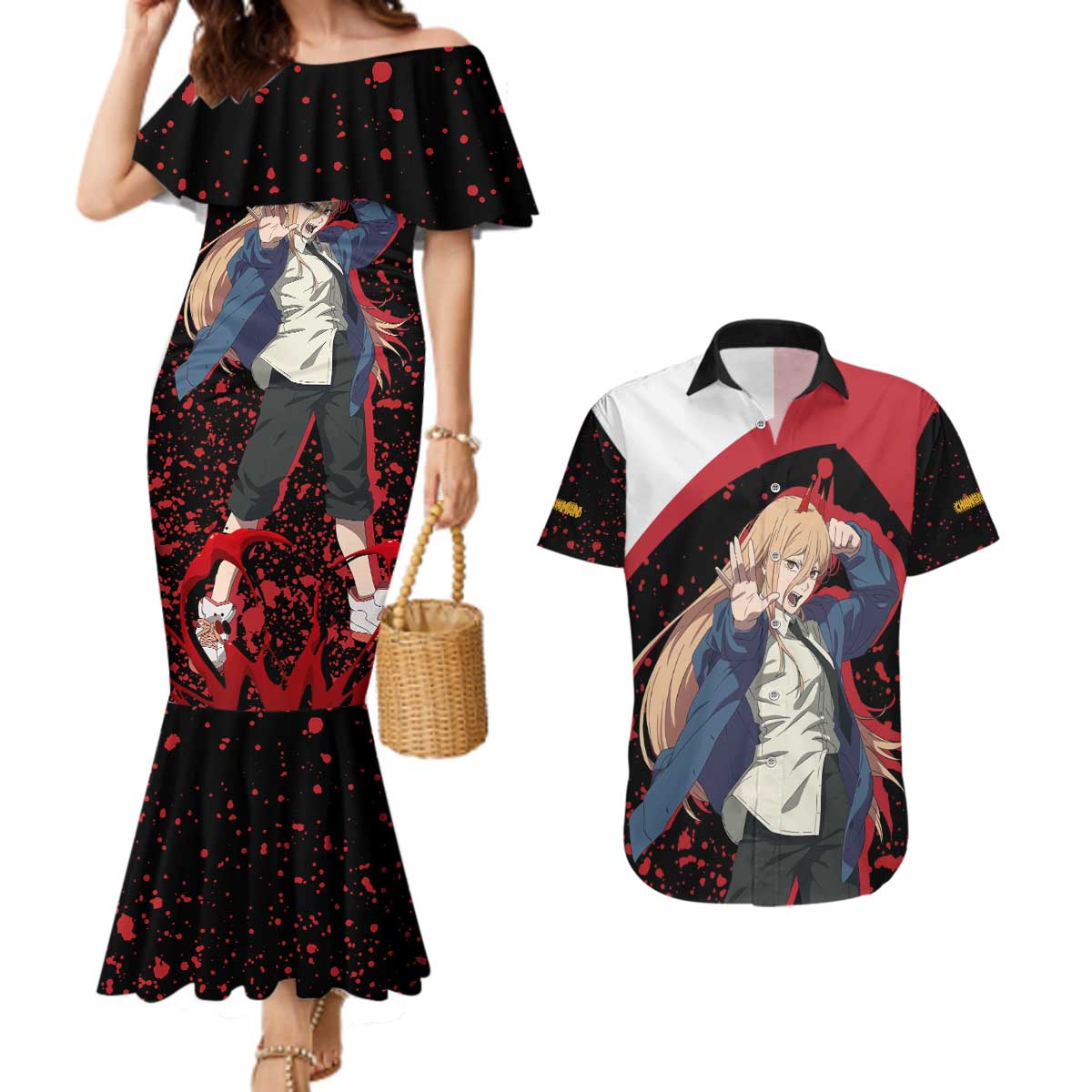Power - Chainsaw Man Couples Matching Mermaid Dress and Hawaiian Shirt Anime Style