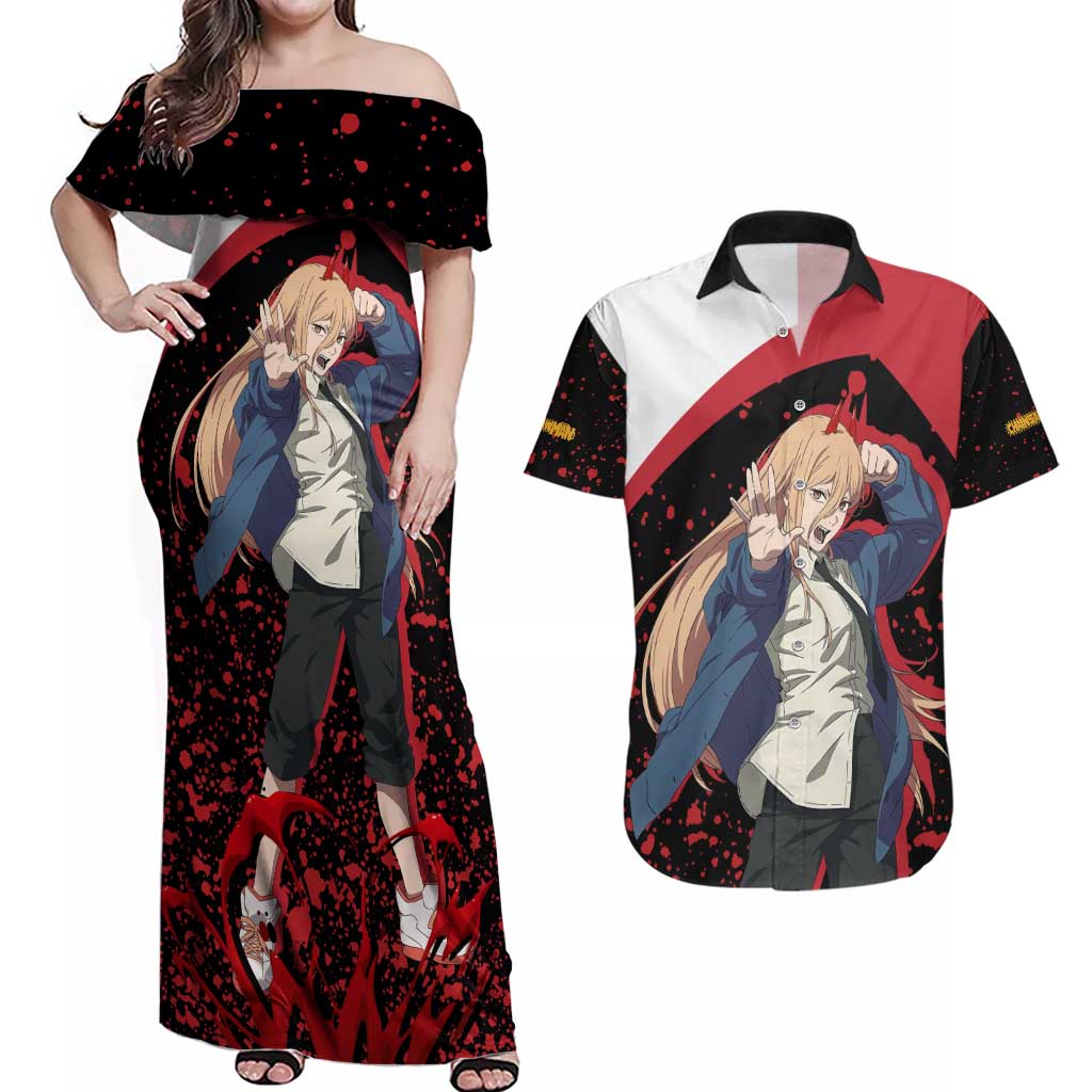 Power - Chainsaw Man Couples Matching Off Shoulder Maxi Dress and Hawaiian Shirt Anime Style