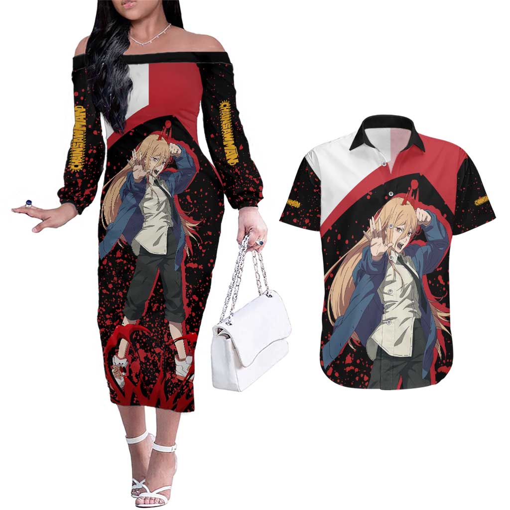 Power - Chainsaw Man Couples Matching Off The Shoulder Long Sleeve Dress and Hawaiian Shirt Anime Style