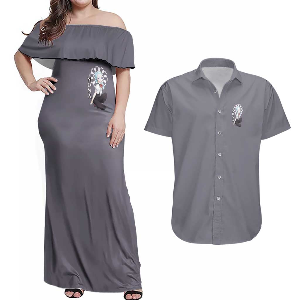 Nona - Death Parade Couples Matching Off Shoulder Maxi Dress and Hawaiian Shirt Anime Style