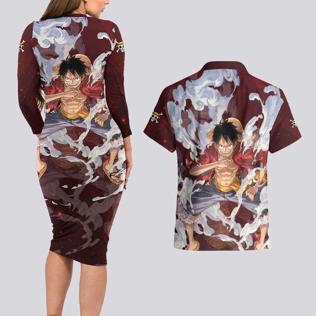Luffy - Straw Hat - One Piece Couples Matching Long Sleeve Bodycon Dress and Hawaiian Shirt Anime Style