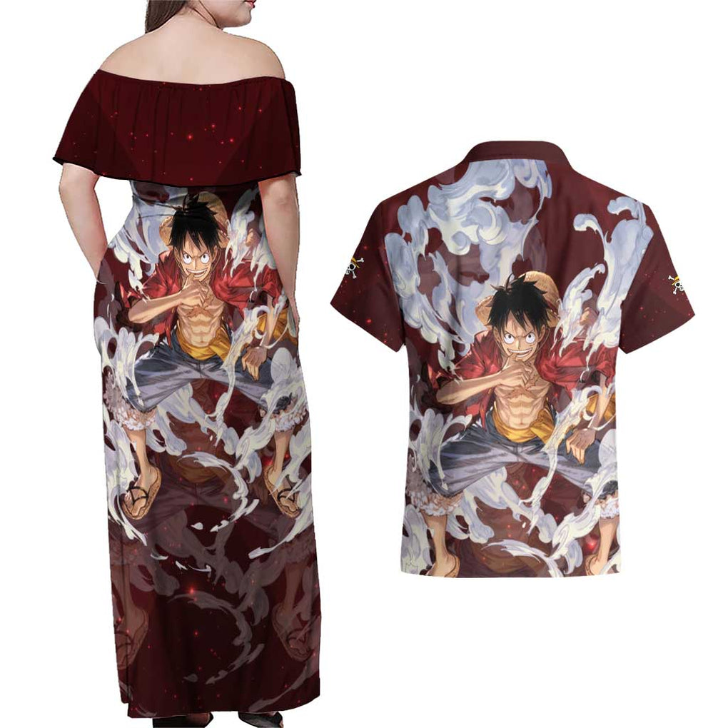 Luffy - Straw Hat - One Piece Couples Matching Off Shoulder Maxi Dress and Hawaiian Shirt Anime Style