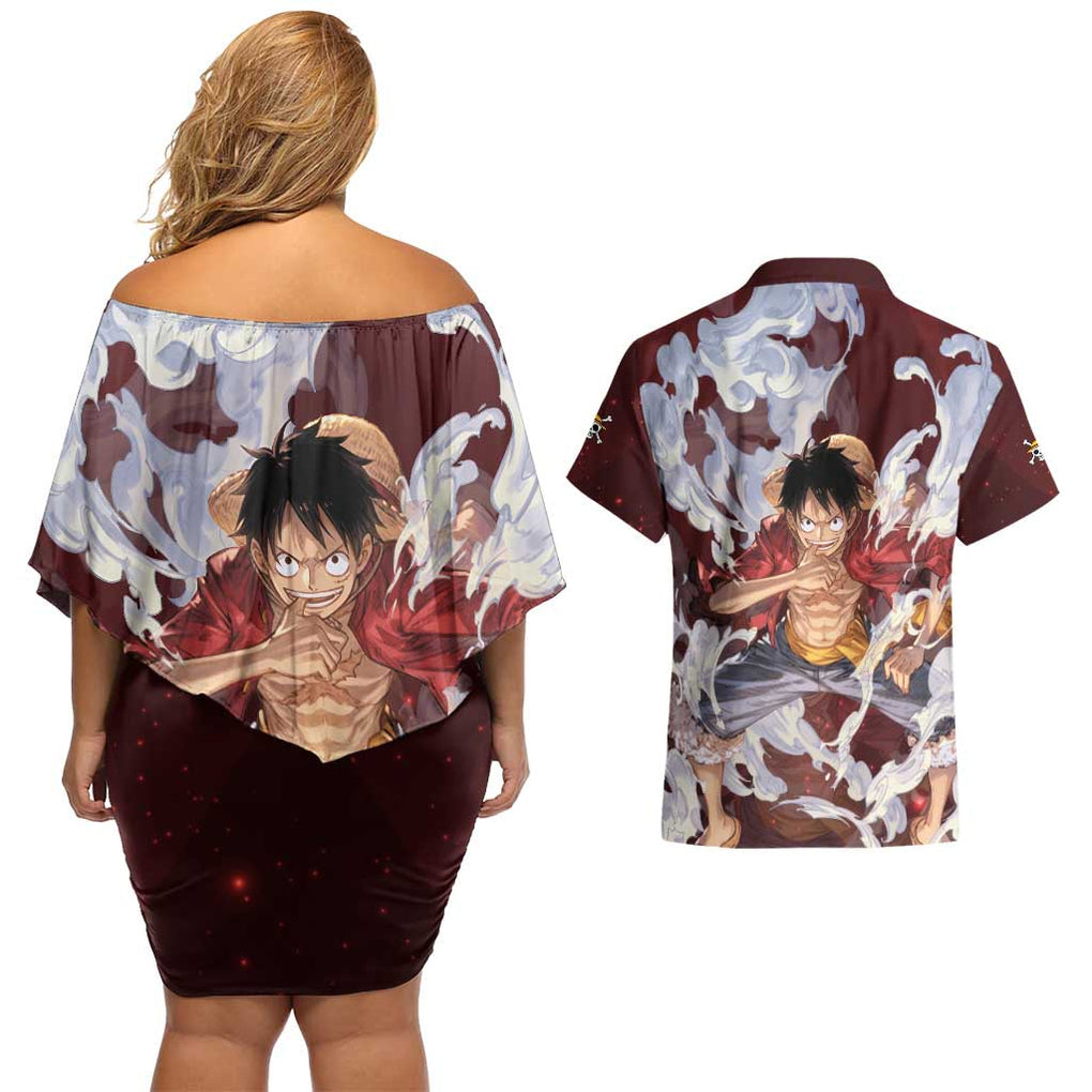 Luffy - Straw Hat - One Piece Couples Matching Off Shoulder Short Dress and Hawaiian Shirt Anime Style