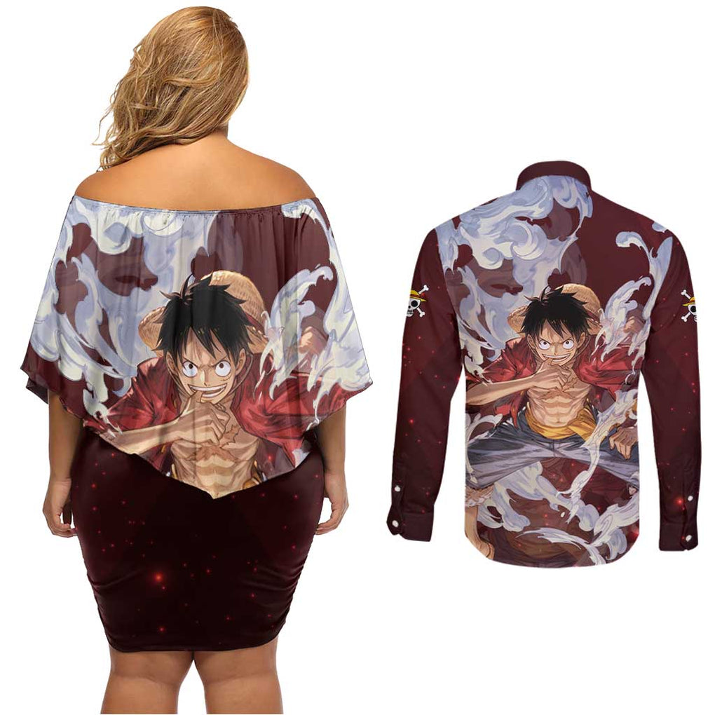 Luffy - Straw Hat - One Piece Couples Matching Off Shoulder Short Dress and Long Sleeve Button Shirt Anime Style