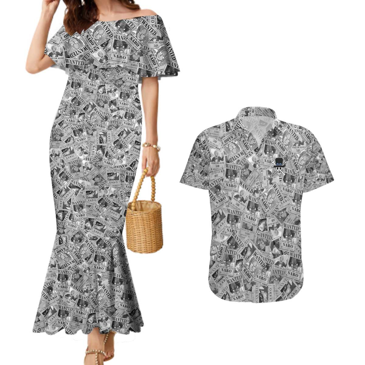 Sabo Wanted - One Piece Couples Matching Mermaid Dress and Hawaiian Shirt Anime Style