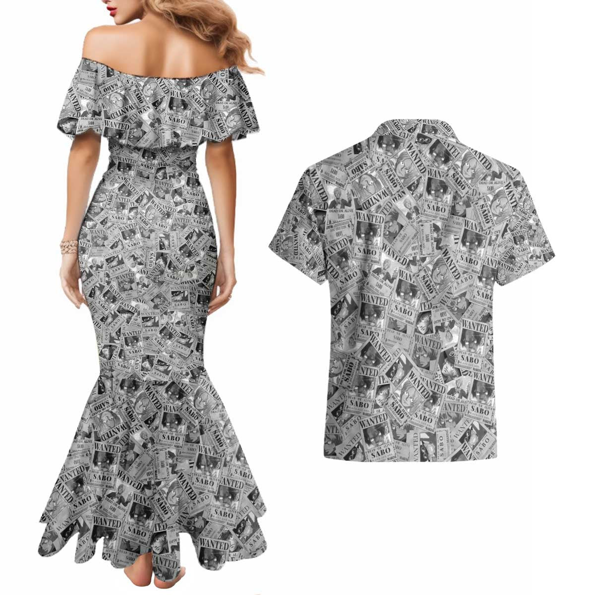 Sabo Wanted - One Piece Couples Matching Mermaid Dress and Hawaiian Shirt Anime Style