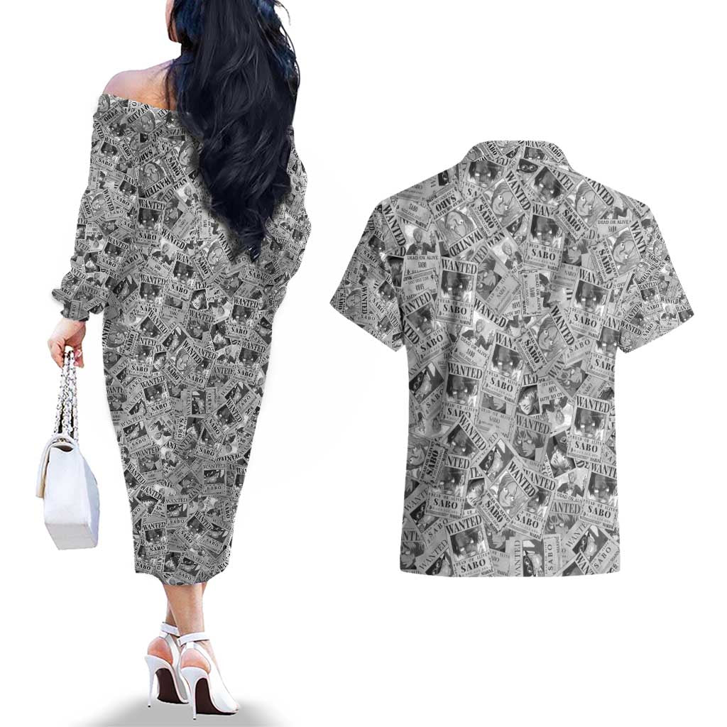 Sabo Wanted - One Piece Couples Matching Off The Shoulder Long Sleeve Dress and Hawaiian Shirt Anime Style