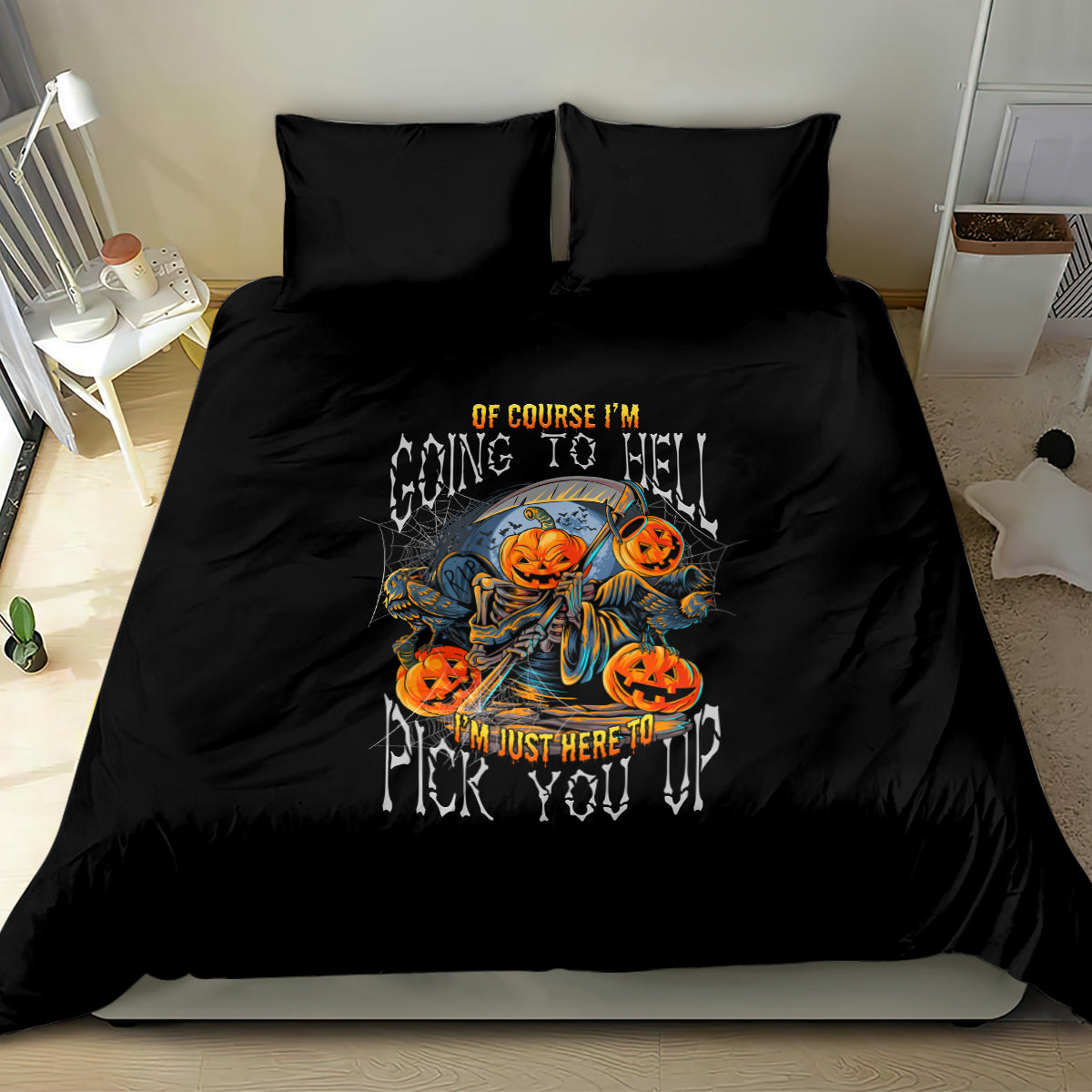 of-course-im-going-to-hell-skull-pumpkin-halloween-bedding-set