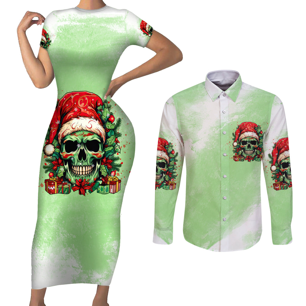 on-the-naughty-list-skull-christmas-couples-matching-short-sleeve-bodycon-dress-and-long-sleeve-button-shirt