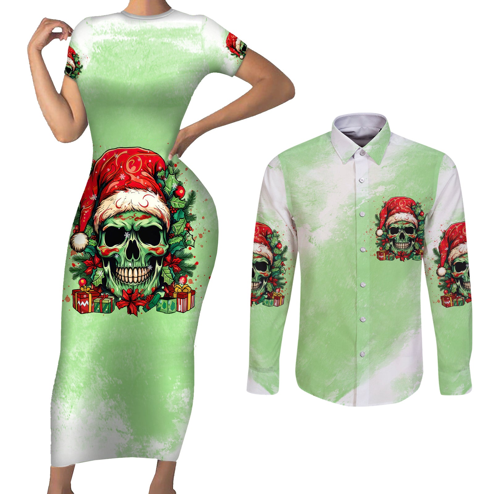 on-the-naughty-list-skull-christmas-couples-matching-short-sleeve-bodycon-dress-and-long-sleeve-button-shirt