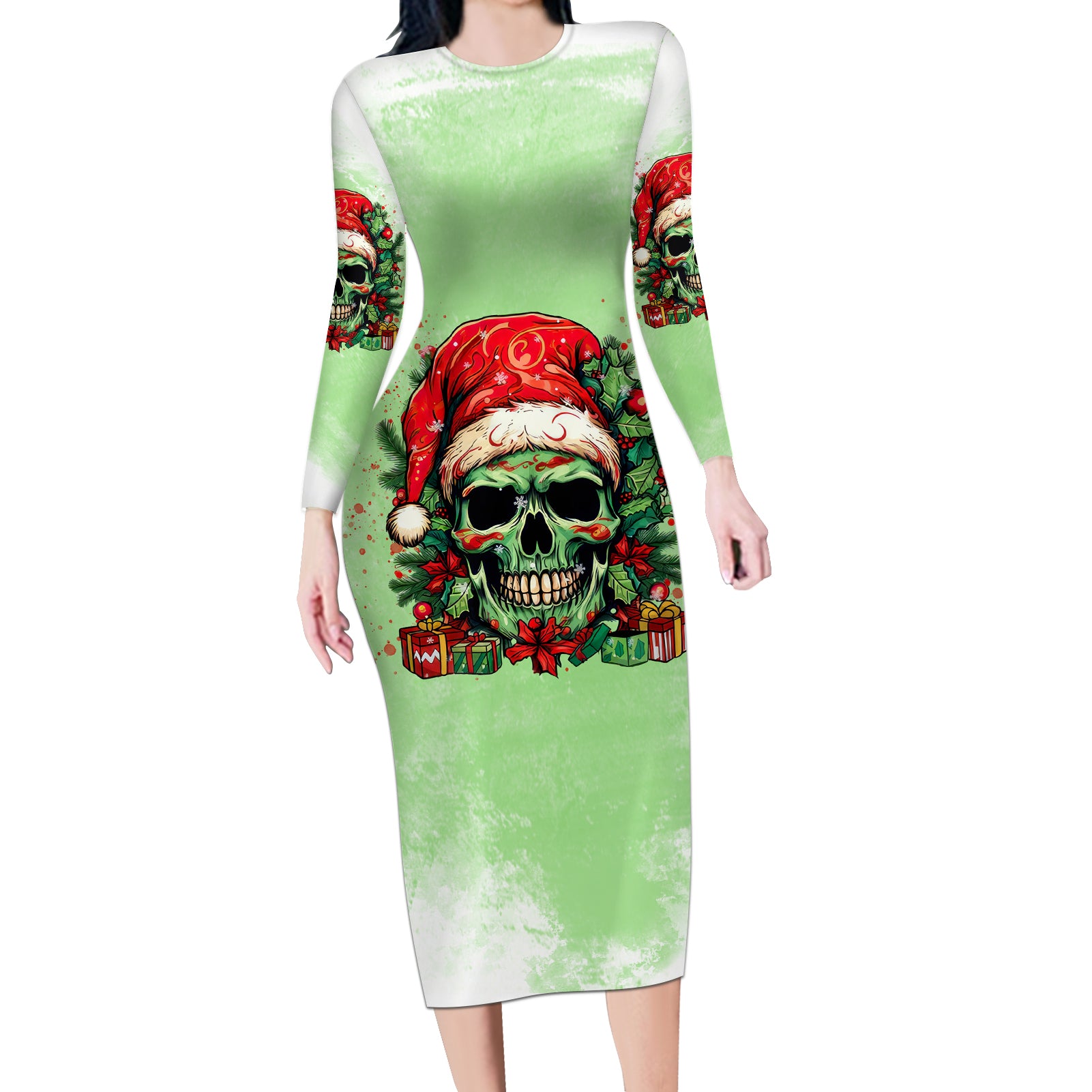 on-the-naughty-list-skull-christmas-long-sleeve-bodycon-dress