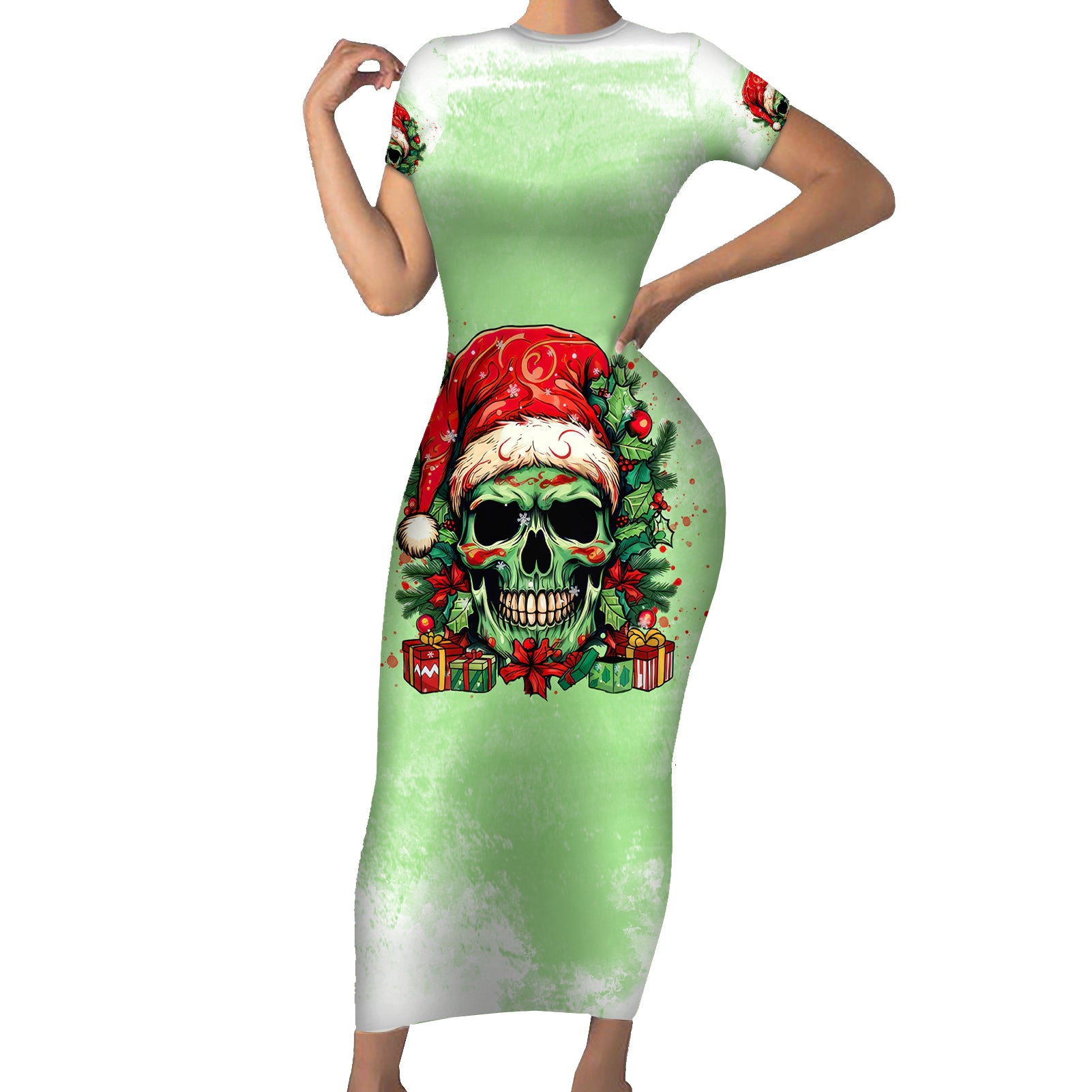 on-the-naughty-list-skull-christmas-short-sleeve-bodycon-dress