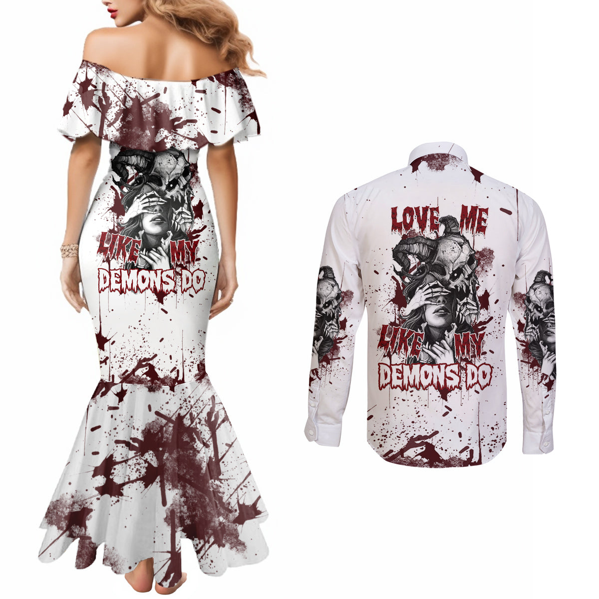 love-me-like-my-demons-do-skull-couples-matching-mermaid-dress-and-long-sleeve-button-shirt