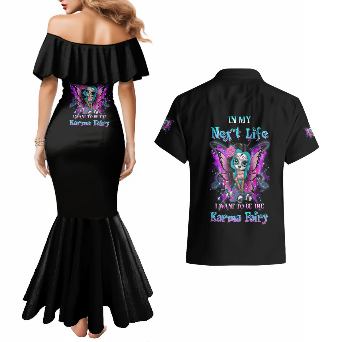 karma-fairy-sugar-skull-couples-matching-mermaid-dress-and-hawaiian-shirt